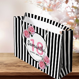 18th birthday black white stripes pink roses name large gift bag