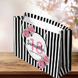 18th birthday black white stripes pink roses name large gift bag<br><div class="desc">Classic slim black and white vertical stripes as background. With girly, feminine and romantic pink roses as decoration. Perfect for an elegant 18th birthday party for her. A white and black frame with templates for name, age and a date. Age number 18 in pink, name and date in black. The...</div>