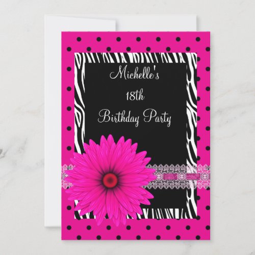 18th Birthday Black White Zebra Pink Spot Flower Personalized Announcements