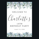 18th Birthday Blue Floral Printable Welcome Sign<br><div class="desc">Welcome your guests with this elegant sign. Pretty dusty blue roses,  peonies and wildflowers decorate the top and border. A classic and easy-to-read font combination takes only minutes to personalize.</div>