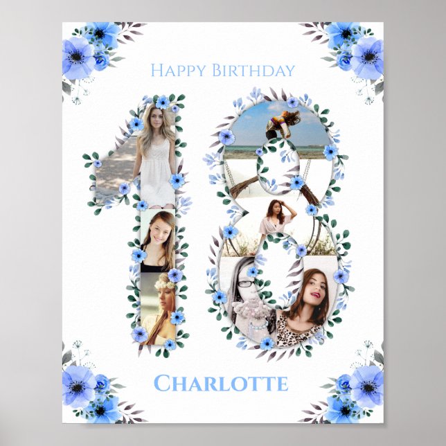 18th Birthday Blue Flower Girl Photo Collage White Poster (Front)