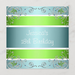 18th Birthday Blue Green White Silver Metal Floral Invitation