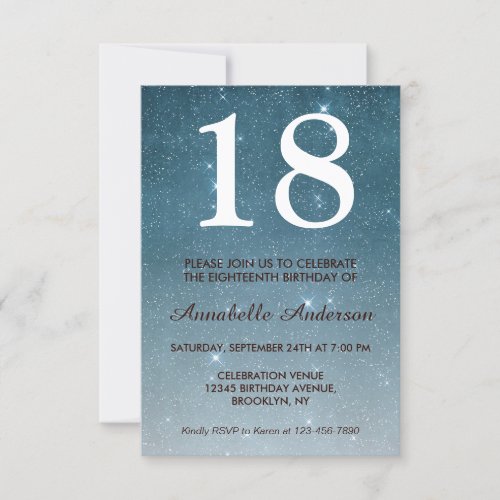 18th Birthday Blue Midnight Night Sky Star Sparkle Invitation