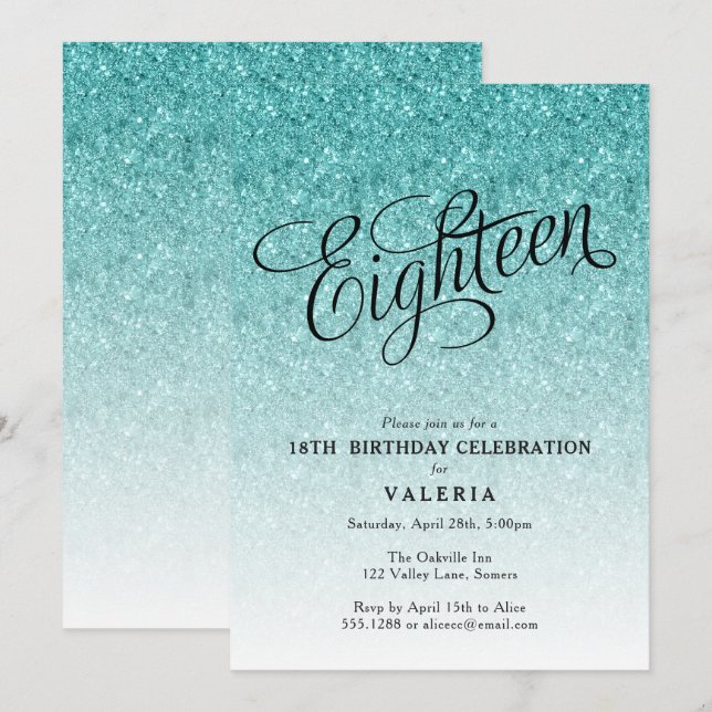 18th Birthday Blue Ombre Glitter Invitation (Front/Back)