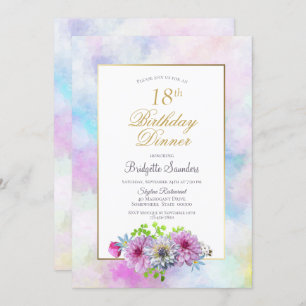 18th Birthday Blue Pink Floral Pastel Dinner Invitation
