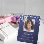 18th birthday blue silver stars photo welcome pedestal sign<br><div class="desc">A welcome sign for a 18th birthday party.  A navy blue background with elegant faux silver stars. The blue color is uneven.  Personalize and add a photo,  name and text.  White letters.</div>