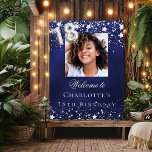 18th birthday blue silver stars photo welcome poster<br><div class="desc">A welcome poster for a 18th birthday party.  A navy blue background with elegant faux silver stars. The blue color is uneven.  Personalize and add a photo,  name and text.  White letters. 
Back: no design</div>