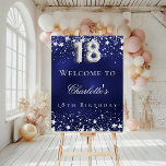 18th birthday blue silver stars welcome party foam board<br><div class="desc">A welcome board for a 18th birthday party.  A navy blue background with elegant faux silver stars. The blue color is uneven.  Personalize and add a name and text.  White text. 
Back: no design</div>