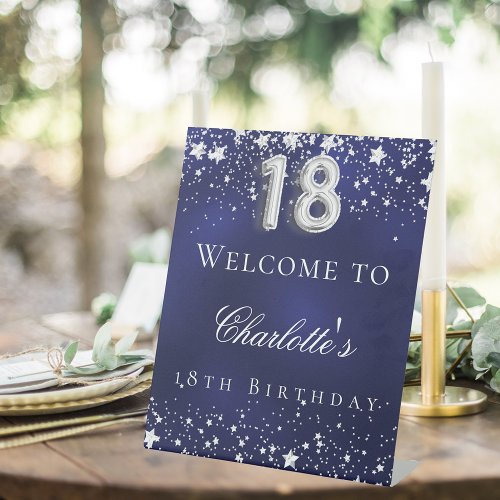 18th birthday blue silver stars welcome party pedestal sign