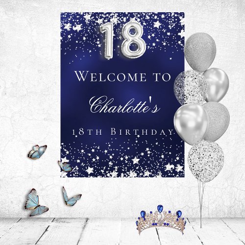 18th birthday blue silver stars welcome party poster