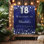 18th birthday blue silver stars welcome party poster<br><div class="desc">A welcome poster for a 18th birthday party.  A navy blue background with elegant faux silver stars. The blue color is uneven.  Personalize and add a name and text.  White text.</div>