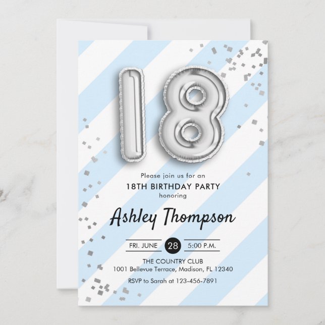 18th Birthday - Blue Stripes and Silver Balloons Invitation (Front)