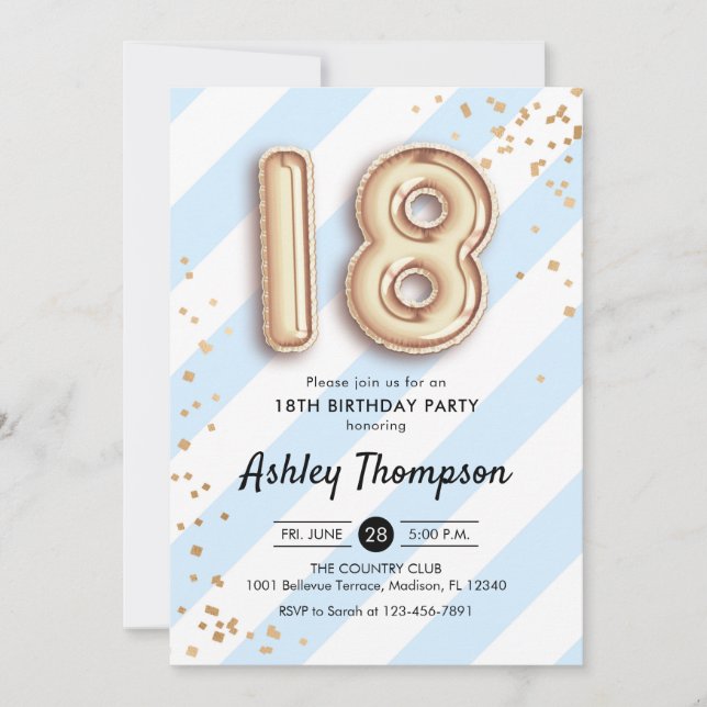 18th Birthday - Blue Stripes Gold Balloons Invitation (Front)