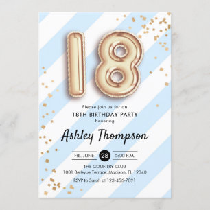 18th Birthday - Blue Stripes Gold Balloons Invitation