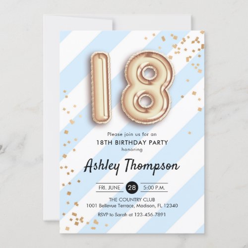 18th Birthday _ Blue Stripes Gold Balloons Invitation