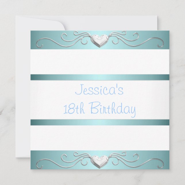 18th Birthday Blue White Silver Metal Hearts Invitation (Front)