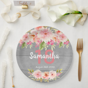 18th birthday blush florals gray wood rustic paper plates