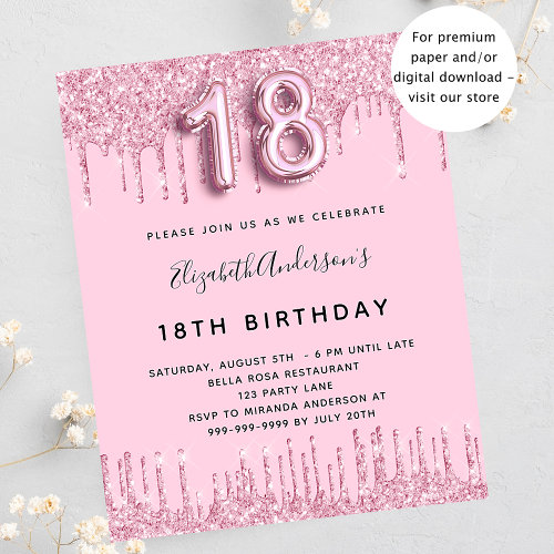 18th Birthday blush pink glitter budget invitation