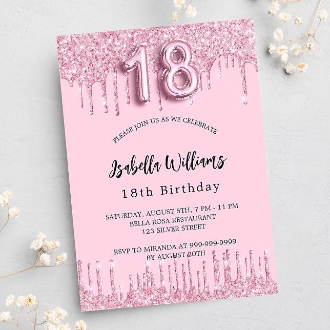 18th Birthday blush pink glitter drips glamorous Invitation Postcard (Creator Uploaded)