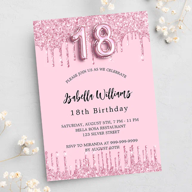 18th Birthday blush pink glitter drips glamorous Invitation Postcard ...