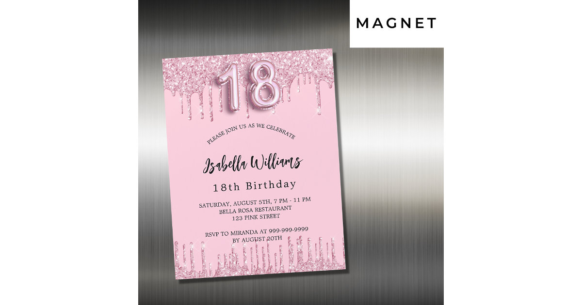 18th Birthday blush pink glitter drips luxury Magnetic Invitation | Zazzle