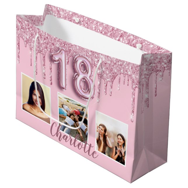 18th birthday blush pink glitter drips photo name large gift bag (Front Angled)