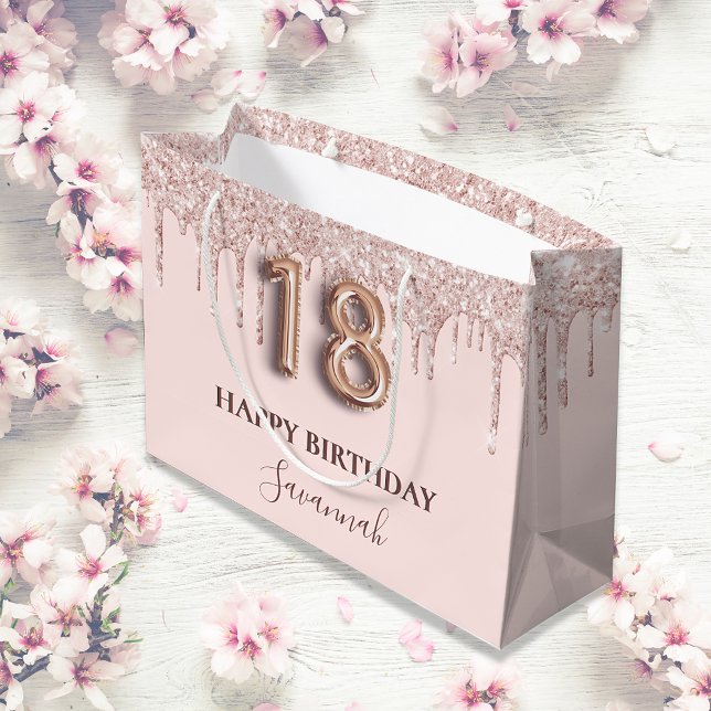 18th birthday blush pink glitter drips rose gold large gift bag (Creator Uploaded)