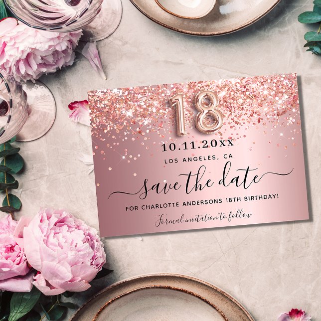18th birthday blush pink glitter sparkles save the date (Creator Uploaded)