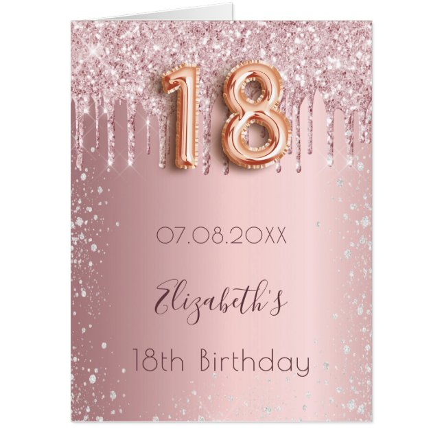 18th birthday blush pink rose glitter drips photo card (Front)