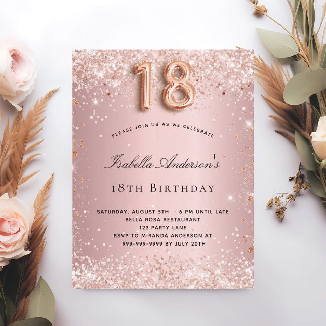 18th birthday blush pink rose gold glitter dust invitation postcard (Creator Uploaded)