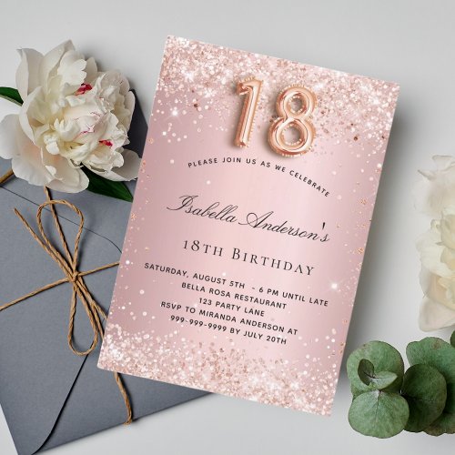 18th birthday blush pink rose gold glitter invitation