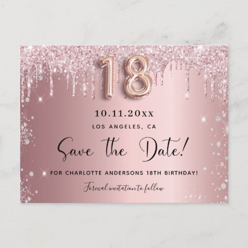 18th birthday blush pink silver save the date announcement postcard