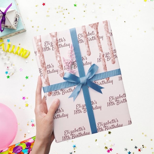 18th Birthday blush rose gold drips name Wrapping Paper (Creator Uploaded)