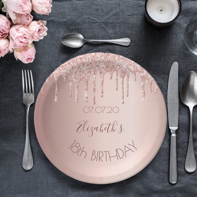 18th birthday blush rose gold glitter drips name paper plates (Creator Uploaded)
