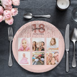 18th birthday blush rose gold glitter name paper plates<br><div class="desc">For a girly, glamorous 18th birthday party, celebrating her life with a collage of 6 of your own photos. Personalize and add a name, age 18 and a date. Date of birth or the date of the party. Dark rose gold and black colored letters. A trendy rose gold colored background...</div>