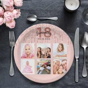 18th birthday blush rose gold glitter name paper plates