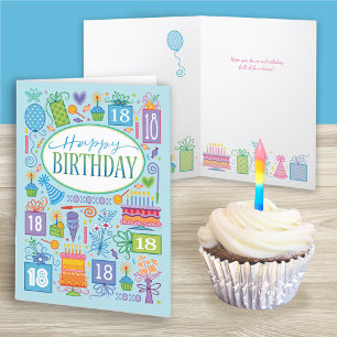 18th Birthday Bright Pastel Icons On Blue Card