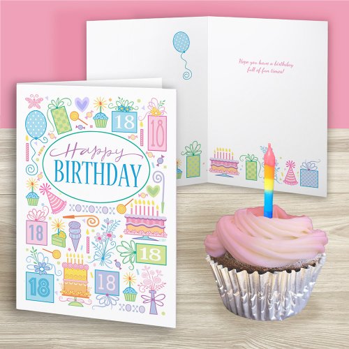 18th Birthday Bright Pastel Icons On White Card