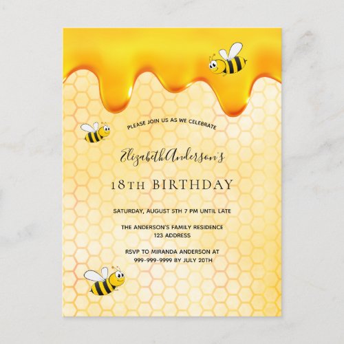 18th birthday bumble bees honeycomb invitation