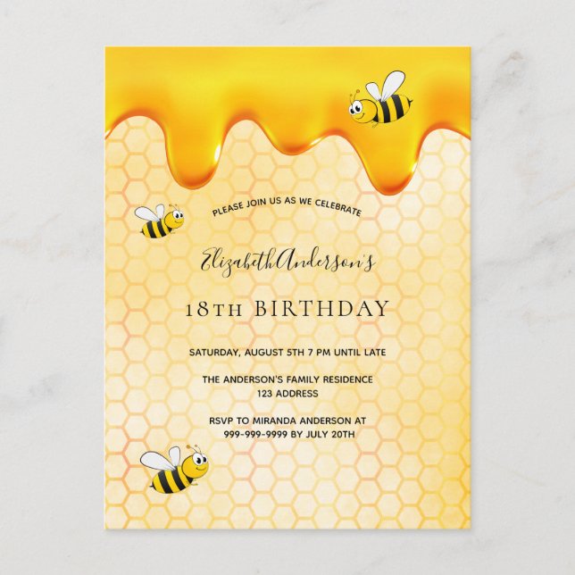 18th birthday bumble bees honeycomb invitation postcard (Front)