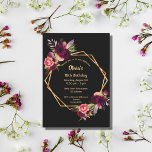 18th birthday burgundy floral gold geometric black invitation<br><div class="desc">On front: An invitation for a 18th birthday party. A chic black background with a faux gold geometric frame. Decorated with dark burgundy and pink flowers, roses and boho style feathers. Templates for a name and party details. The name is written with a hand lettered style script, golden colored letters....</div>