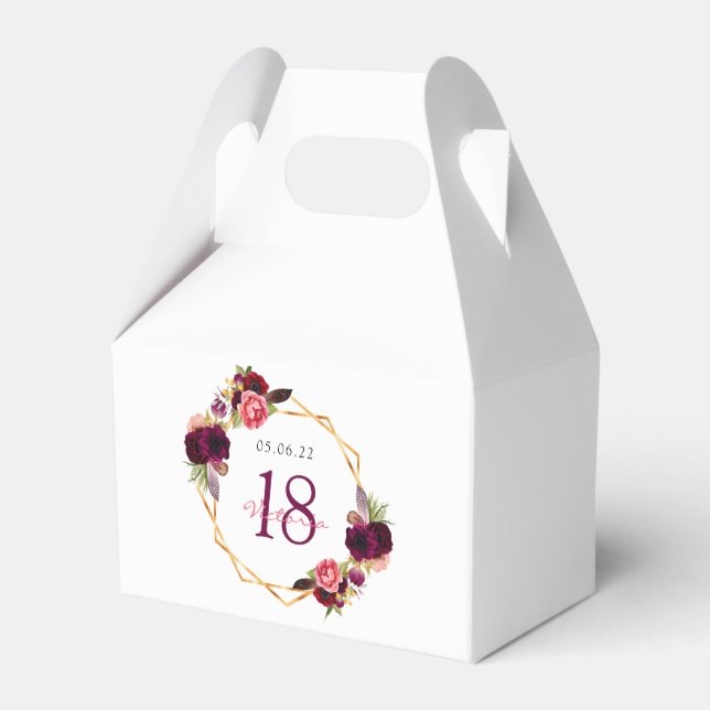 18th birthday burgundy florals geometric white favor boxes (Front Side)