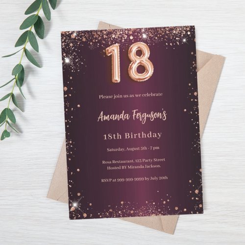 18th birthday burgundy rose gold glitter invitation