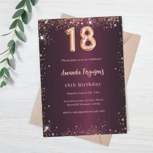 18th birthday burgundy rose gold invitation