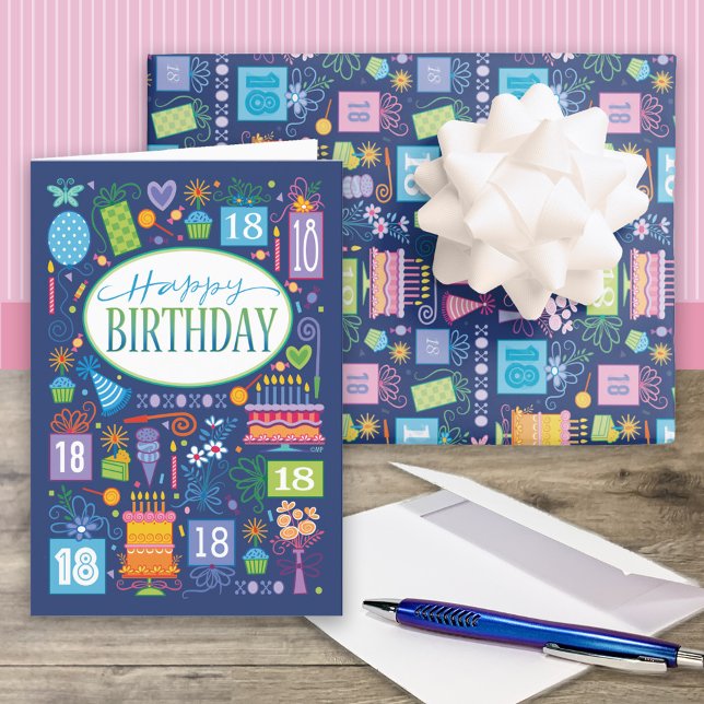 18th Birthday Cake Presents Balloons Blue Wrapping Paper Sheets (Creator Uploaded)