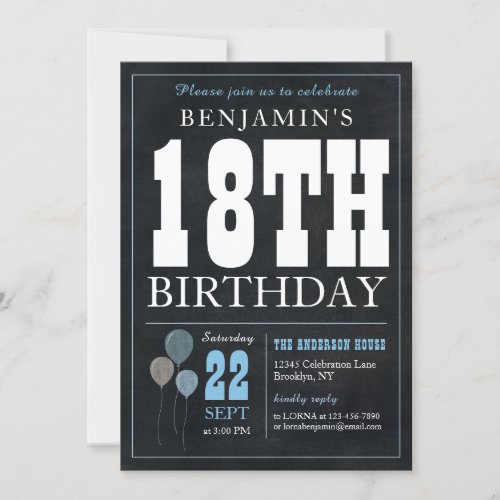 18th Birthday Chalkboard Blue Balloon Rustic Chic Invitation