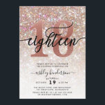 18th Birthday Champagne Glitter Invitation<br><div class="desc">Invite family and friends to celebrate 18th Birthday with these chic girly invitations. Design featuring champagne sparkly glitter texture,  eighteen in trendy handwritten script in black and rose gold color. Personalize with your details in block capital lettering.</div>