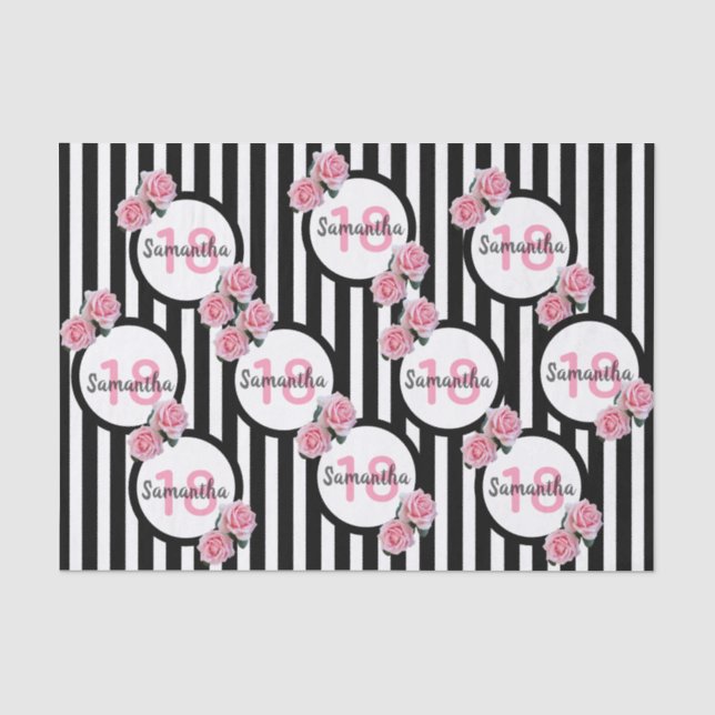 18th birthday chic pink roses black white stripes tissue paper (Front)
