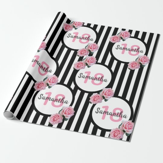 18th-birthday-chic-pink-roses-black-white-stripes-wrapping-paper