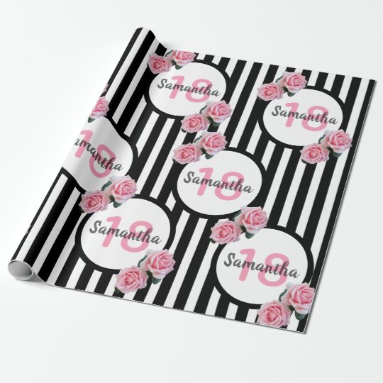 18th-birthday-chic-pink-roses-black-white-stripes-wrapping-paper-zazzle